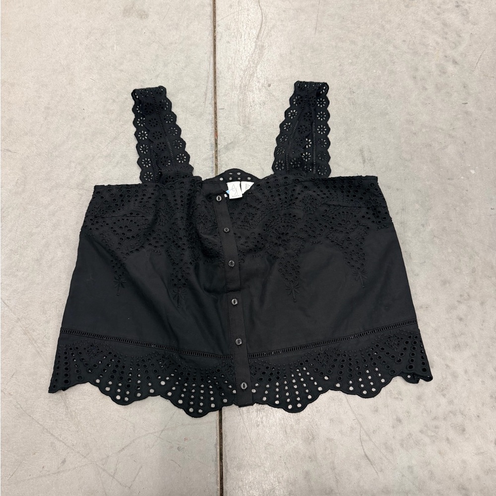 Joie Black Eyelet Button-Up Top Sz L 100% Cotton Scalloped Hem Eyelet